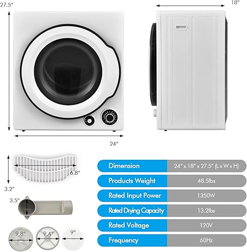 Miniatura 6 de PETSITE Secadora de ropa compacta, secadora de ropa eléctrica portátil con tambor de acero inoxidable y tubo de escape, capacidad de 13.2 libras, 5