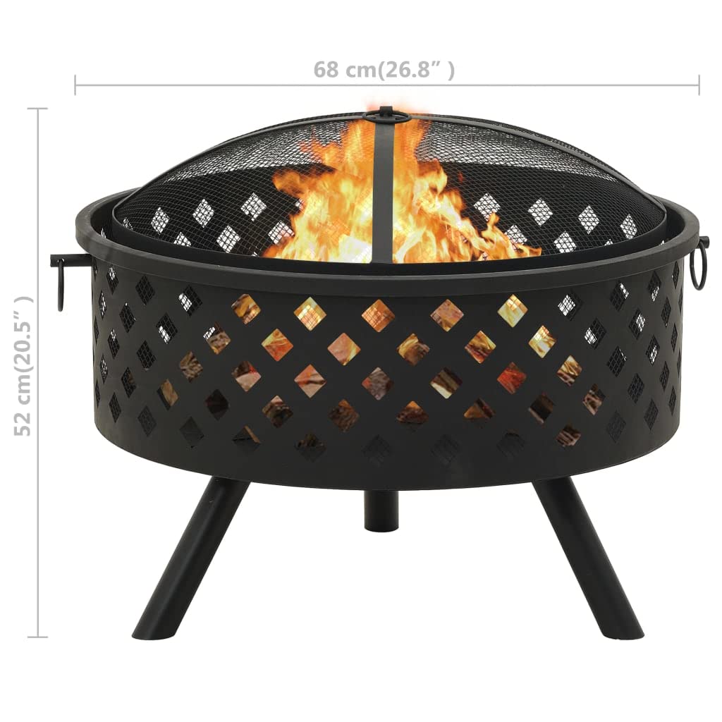 Feuerstelle Stahl 68 cm XXL mit Schürhaken und Gitterabdeckung für Garten Terrasse Outdoor Wärme Kamin Ofen Holz Feuer Flamme Heizen Romantik Atmosphäre