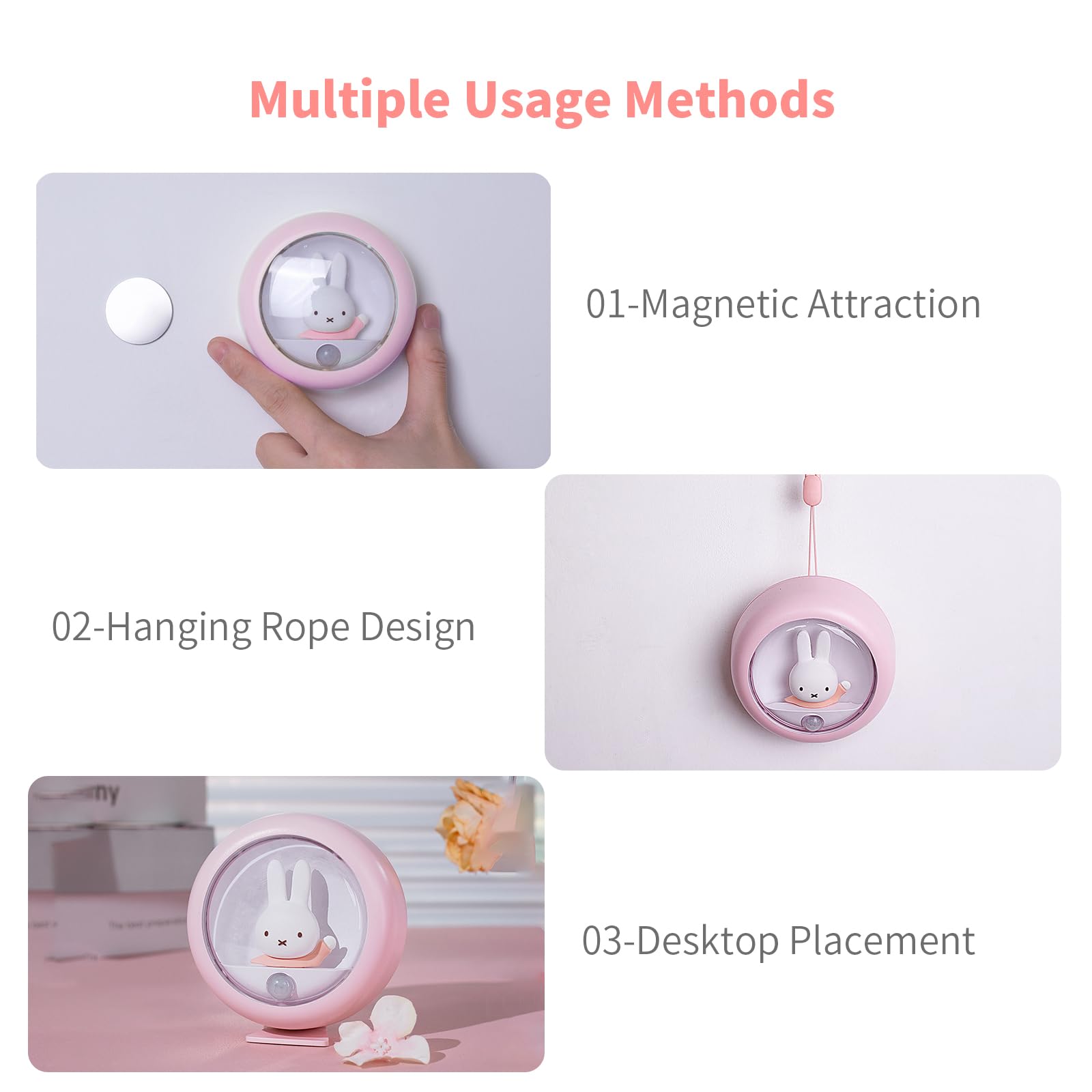 MIPOW Miffy 2025 Veilleuse LED avec détecteur de mouvement automatique rechargeable avec luminosité réglable magnétique portable pour chambre à coucher, salle de bain, couloir (rose)