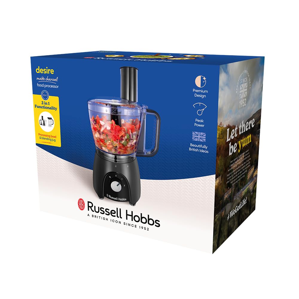 Russell Hobbs Procesador de alimentos, batidora/picadora/molinillo/cortador de verduras en rodajas, con jarra, amasa, cortar en rodajas, pica y ralla, 900 W max, Desire Matte Charcoal 27111-56