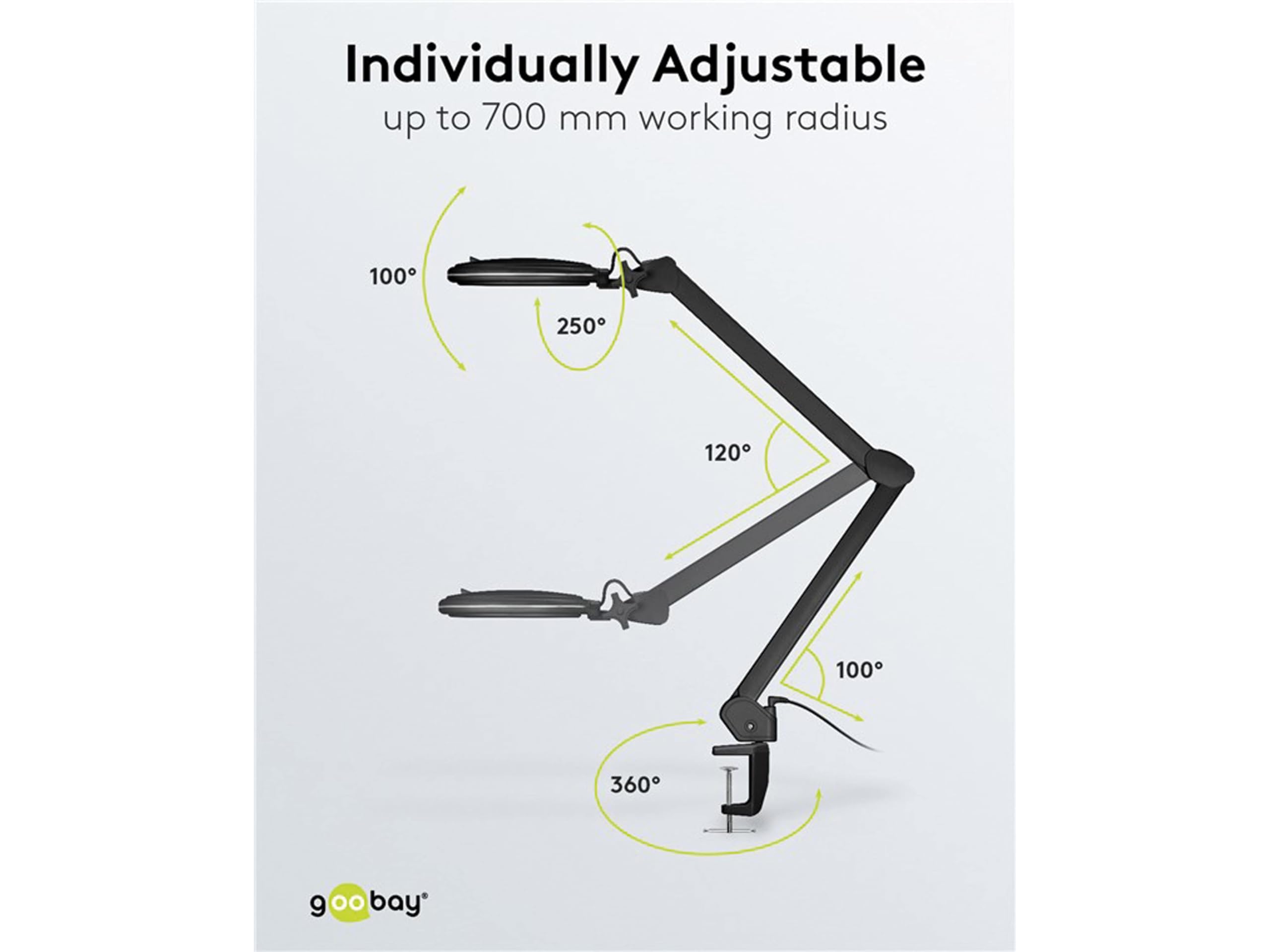goobay 64986 Lámpara aumento LED 10W 800lm/ pinza/lente cristal 127mm 1,75 aumentos/lupa trabajo cosmética, soldadura, manualidades, leer/brazo articulado/lámpara sobremesa