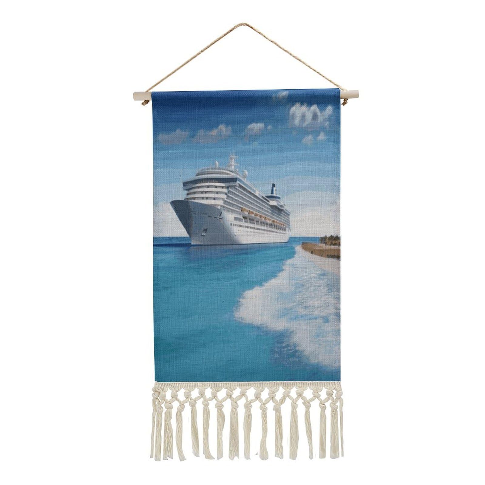 Adfgyerh Style Seaside Cruise Ship Tapestry With Tassels Cotton And Linen Hanging Posters, Wall Art For Travel Gift, Wall Tapestry For Office Home Decor Bedroom Living Room Decor