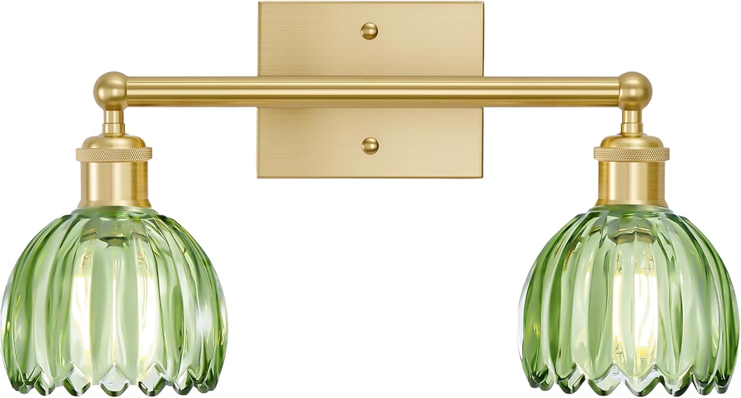 Bathroom Lights Over Mirror,2-Light Vintage Vanity Light Fixtures,Retro Brass Bathroom Light, Flower Wall Sconce With Green Tulip Glass Shade For Bedroom, Living Room, Dressing Table, E26 Base