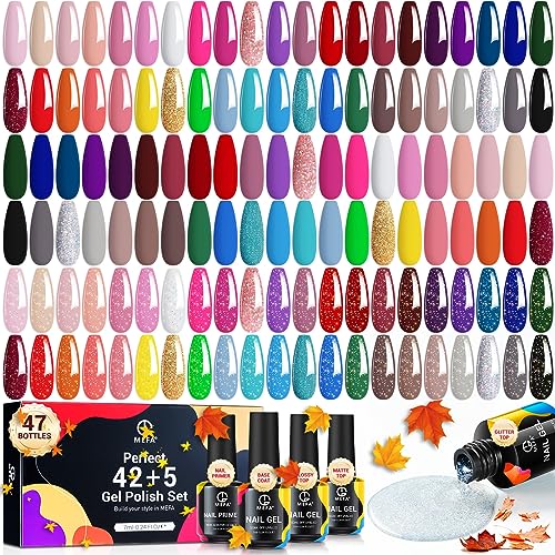 MEFA 47PCS Gel Nail Polish Kit, 42 Colors All Seasons Collection White Nude Pink Colorful Gel Polish Set with 5 Pcs Top Coat and Base Coat Set Primer Manicure Art Home Salon 7ML Gifts for Women Girls