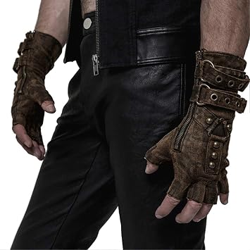 Punk Rave Steampunk Fingerless Gloves for Men Motorcycle Cotton Gloves Grey Coffee Driving Gloves