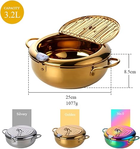 Miniatura 9 de Olla de acero inoxidable 304, olla tempura de 3.2L2.8 cuartos de galón con tapa de termómetro y escurridor de aceite, olla japonesa para cocina,