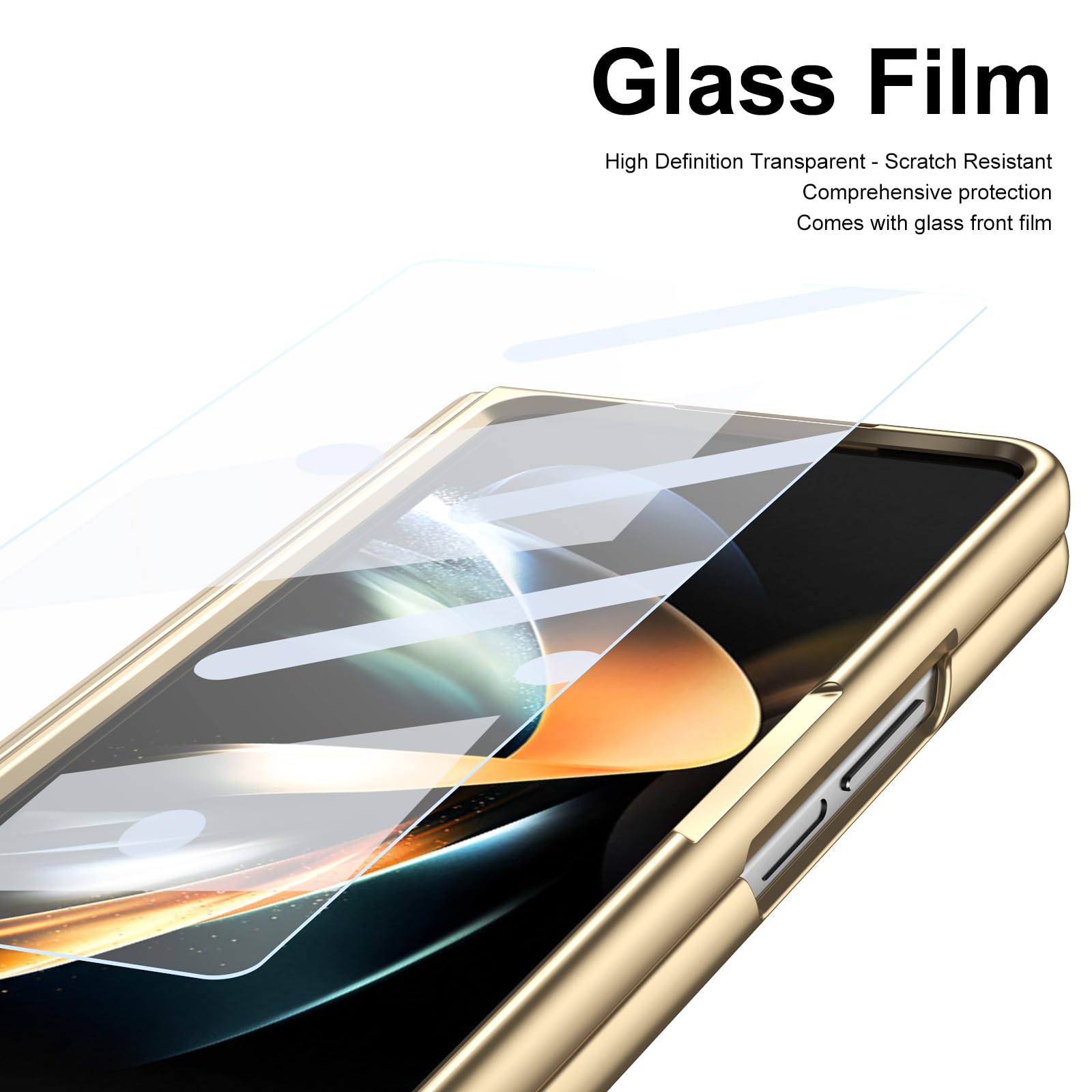 per Galaxy Z Fold4 Custodia con Penna e Slot per Penna, Pellicola Protettiva in Vetro Temperato + Protezione Cerniera Cover in Pelle per Samsung Galaxy Z Fold4-Oro