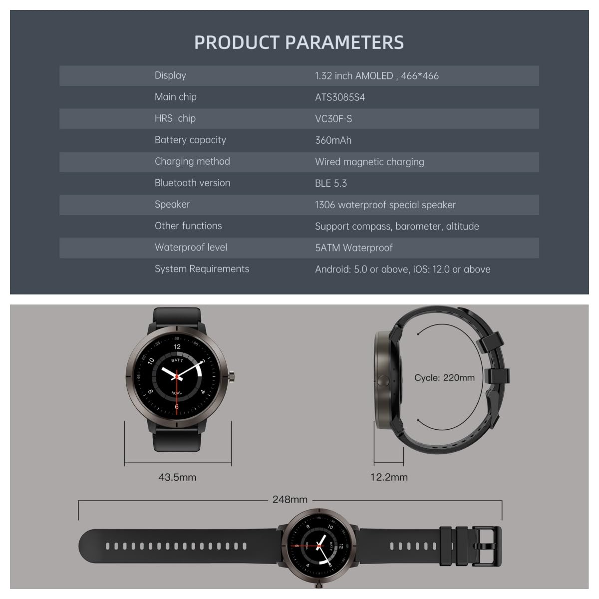 beyerswerk Alpha Sport Smartwatch mit GPS für Männer und Frauen, wasserdichte 5 ATM Schwimmuhr, Anrufe tätigen/annehmen, 1.32'' AMOLED-Display, Fitness-Tracker, Herzfrequenz- und Schlafmonitor