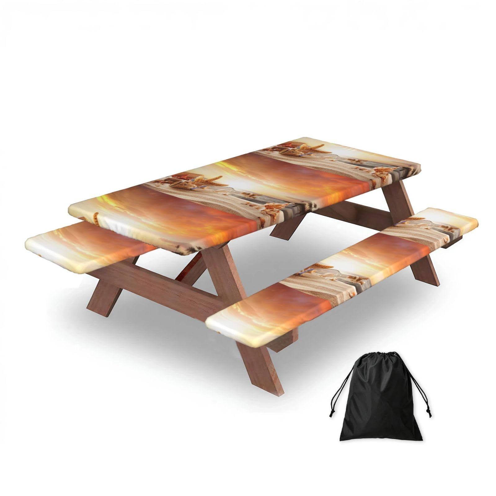Beach With Seashells Sunset Printed, Picnic Table Cover With Bench Covers -Waterproof Elastic Fitted Tablecloth for Garden Camping Patio 76x152cm