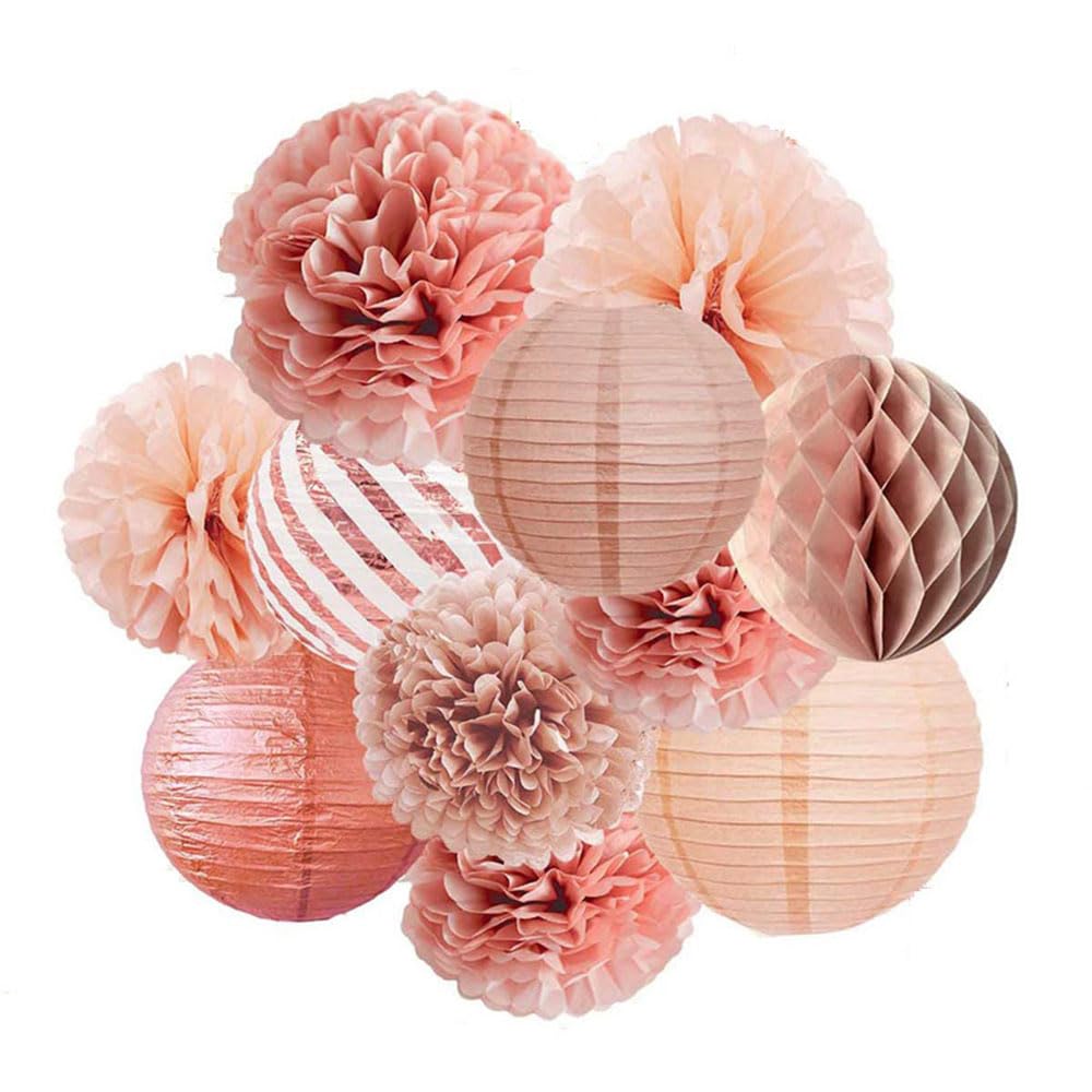 Party Decorations,Tissue Pom Poms, Paper Lanterns, Honeycomb Ball,Paper Circle Dots Garlands,11Pcs Hanging Party Supply Set for Wedding Bridal Shower Baby Shower Birthday,Rose Gold
