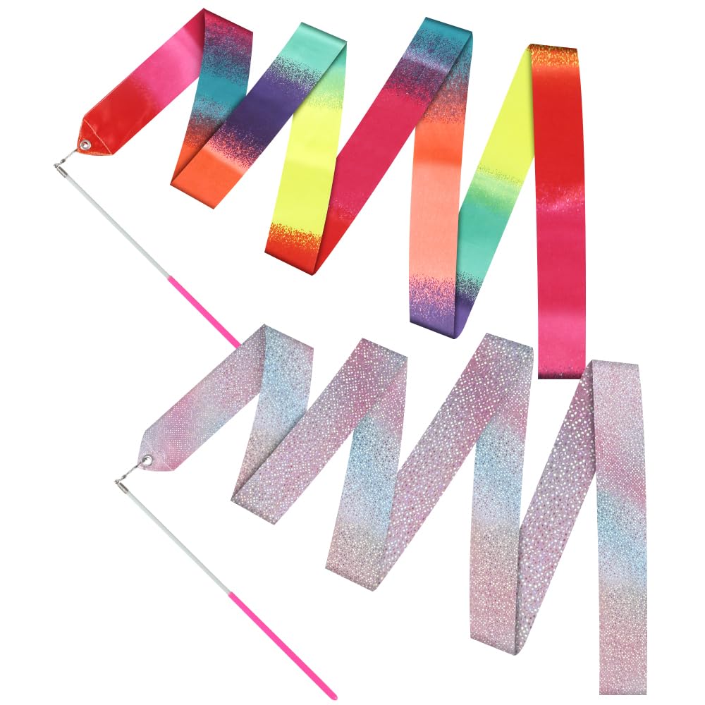 JBM2 Pcs Dance Ribbons 78.7 Inch Sparkling Dance Ribbon Streamers Rhythmic Gymnastics Ribbon with Wand Twirling Dancing Ribbons Rhythmic Long Colorful Streamers
