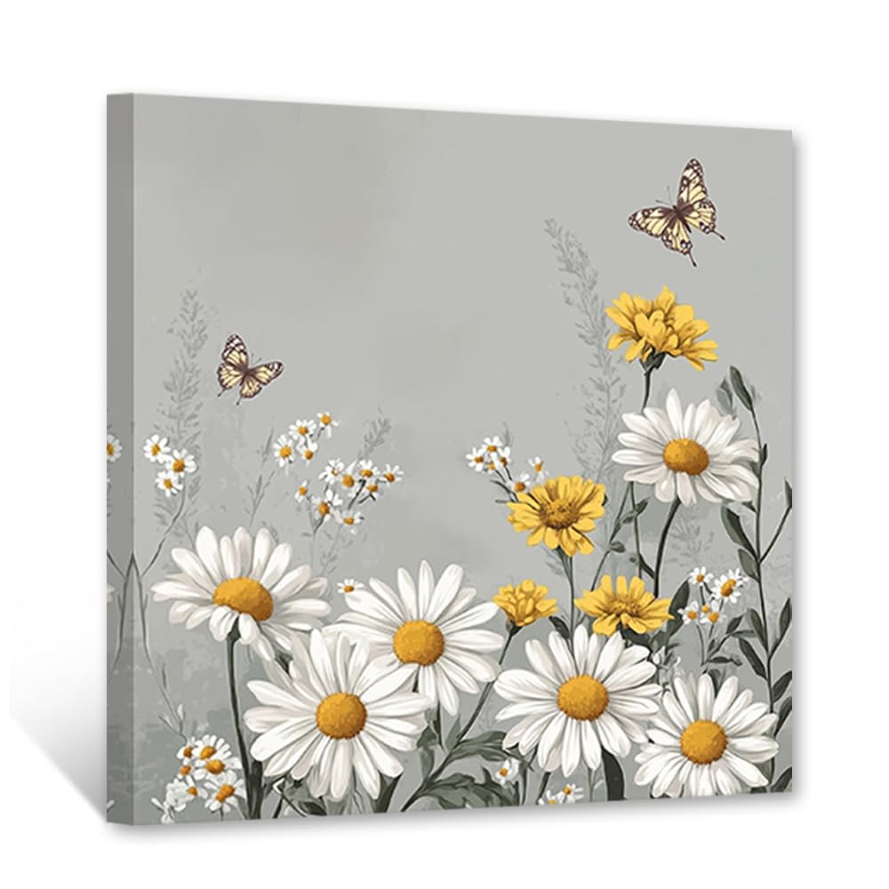 CXHOSTENT Daisy Canvas Wall Art Butterfly Wall Decor Rustic Floral Picture Farmhouse Floral Painting Country Daisy Artwork Home Bedroom Bathroom Decor Frame (60.00 x 60.00 cms)