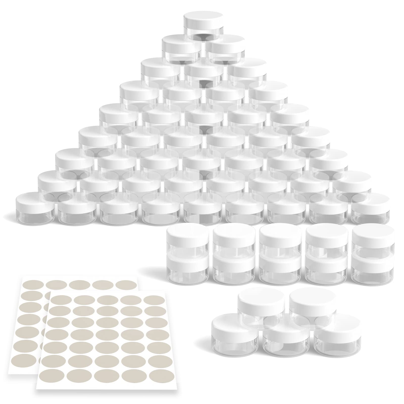 Newaner 60 Pièces Mini Pots Cosmétiques en Plastique, 10g10ml transparent avec bouchon à vis, cannette vide avec autocollants, Idéal pour maquillage, crèmes, lotions, mini bougies(lBlanc)