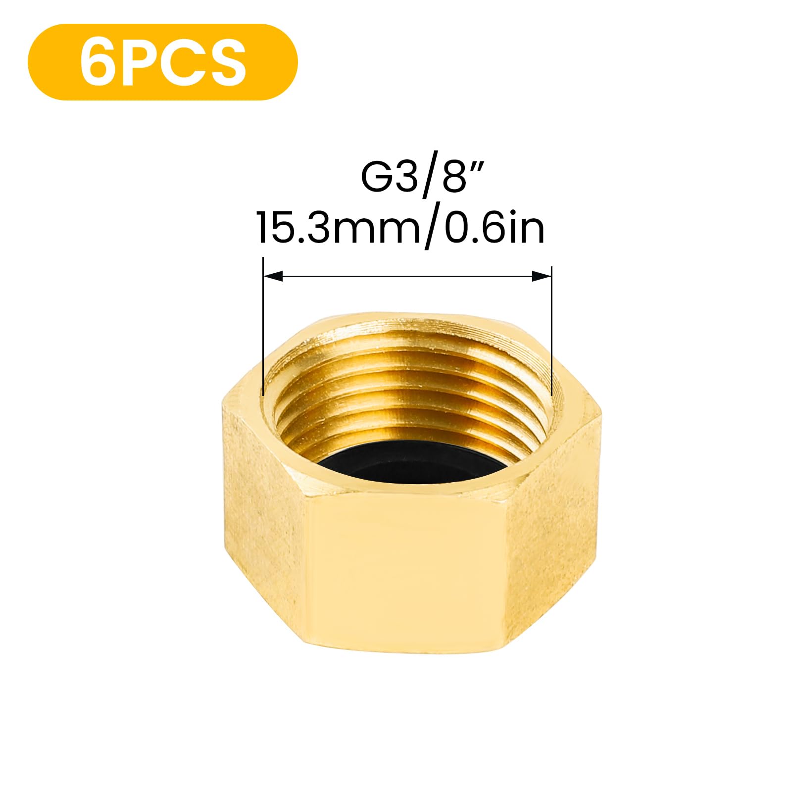 YEAUPE PRO Tappo per Tubo in Ottone,6 Pezzi G3/8"(Ø 15,3mm) Femmina con Guarnizione,Tappi per Tubi Esagonali in Ottone,Raccordi Idraulici Esagonale per Lavatrice, Valvola del Radiatore,Rubinetti