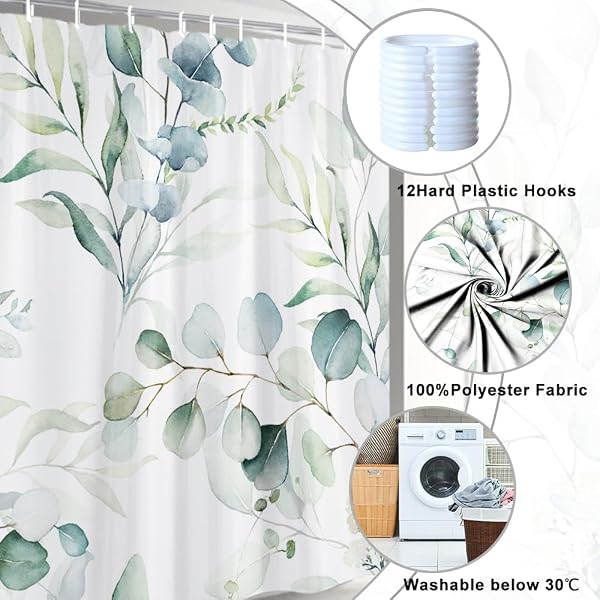 Duschvorhang Grün, Uiiooazy Duschvorhang Eukalyptus 180x220cm Blau Blätter Weiß Blumen Pflanzen Duschvorhänge Anti Schimmel Wasserdicht Polyester Stoff Waschbar Bad Vorhang mit 12 Haken für Badezimmer - 5