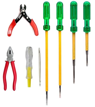 MLD Tool Kit Set For Home Combo Insulated Screw Driver 2 in 1 Size(4,6 8,10 Inch Long) + 8 inch Plier + Tester +/-+Wire stripper cutter (Material Metal and Plastic) (Multicolor) Pack of 1