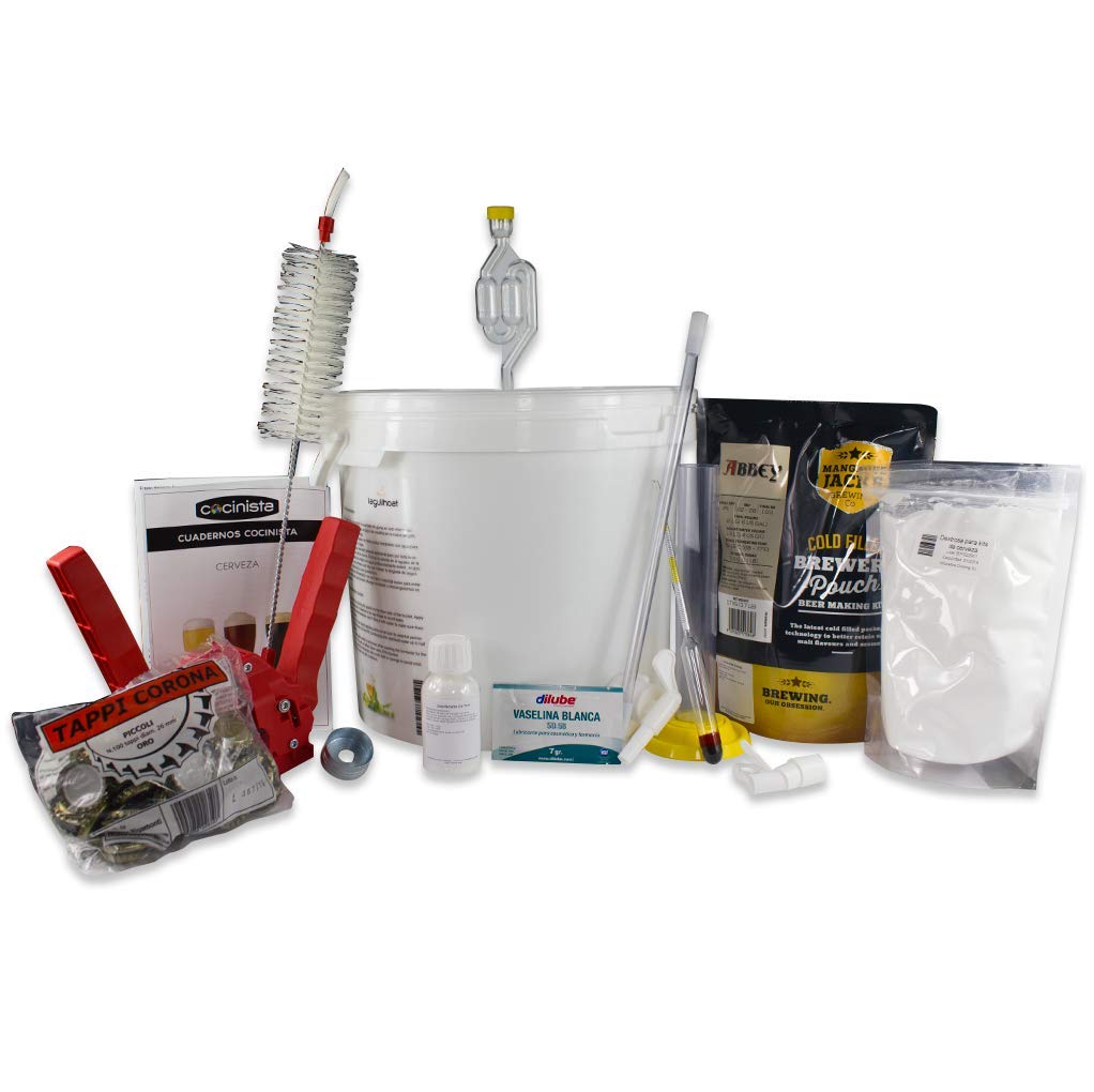 Cocinista Kit para Hacer Cerveza Artesanal en casa 17 L con Malta Equipo Mini De Luxe, fermentador con Grifo y borboteador, Incluye dextrosa, chapador y chapas, Ideal Principiantes, lotes de 10 L