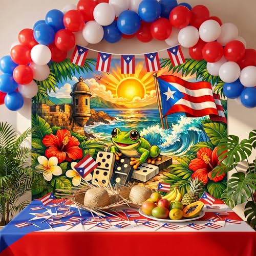 Chicplaid 54 Pcs Puerto Rico Party Decorations with Backdrop Flags Rican Hat Tablecloth Puerto Rico Party Centerpieces Birthday Decorations for Patriotic Festival Supplies