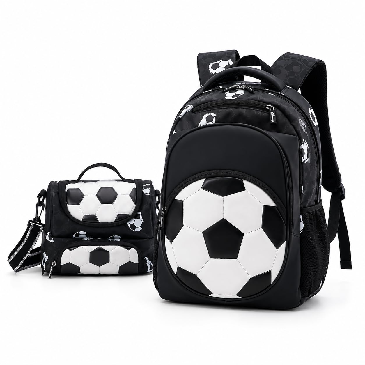 Morbuy Sac a Dos Enfant Ado 2 Pièces Motif Football (Blanc) | Cartable + Sac Isotherme, Eclair Sac Ecole Grande avec Rembourré et Fermeture pour Adolescent 10-16 Ans