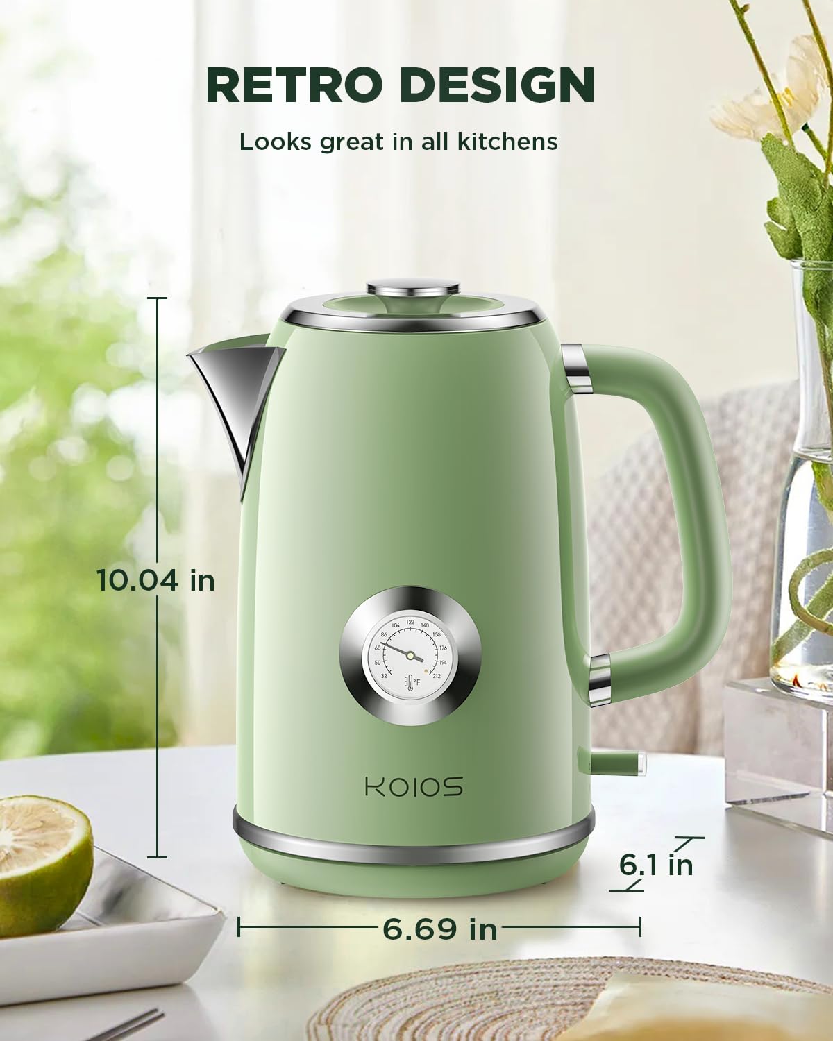 Hervidor eléctrico de 1.8 L con medidor de temperatura, hervidor de té eléctrico de ebullición rápida de 1500 W, hervidor de agua caliente de estilo retro 100% acero inoxidable, luz LED brillante, 7