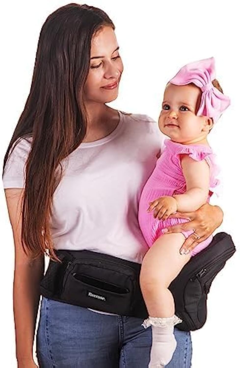 FLEEROSE - Baby Hip Carrier - New Ergonomic Bench Design, Multiple Pockets & Lumbar Support & Breathable Materials for Newborns & Toddlers, All Seasons & 4 Positions (Black)