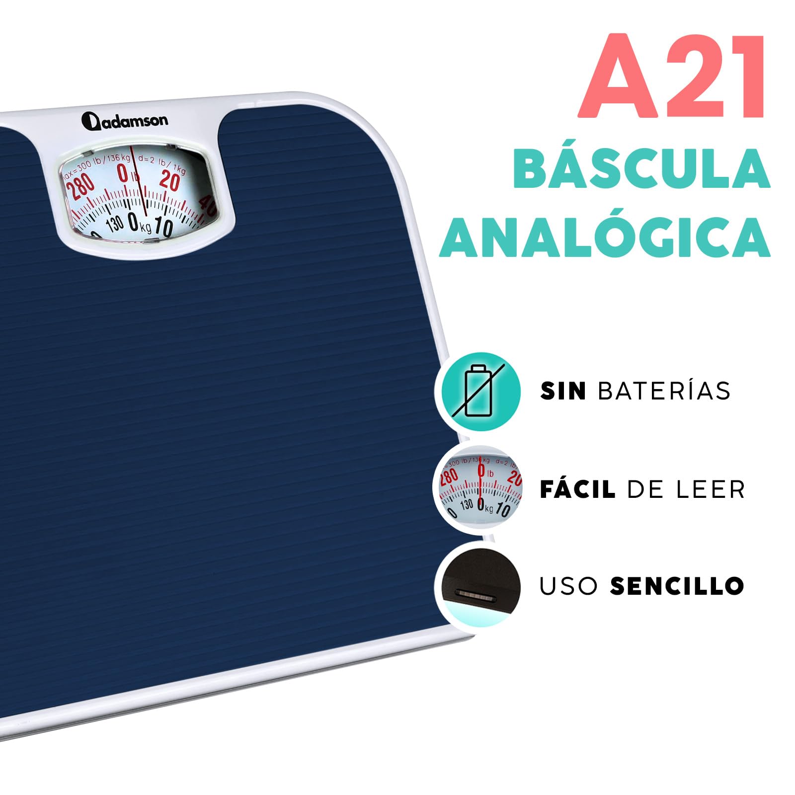Adamson A21 Bascula de Baño Analogica - Hasta 136 KG - Superficie de Goma Antideslizante - Bascula Analogica - Duradera Con Garantía de 20 Años - Azul Claro