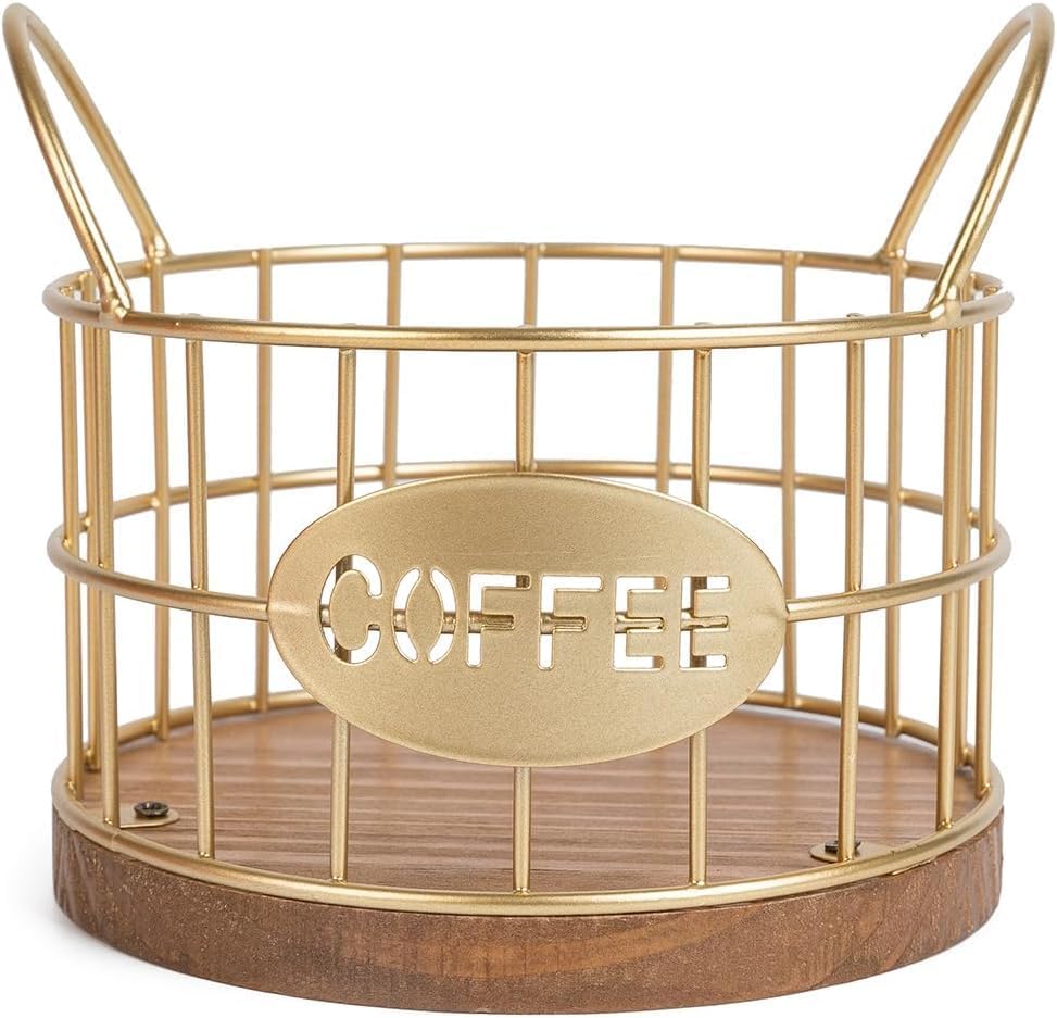 21514 Coffee Pod Holder for Counter, K Cup Holders Coffee Pods Storage Organizer,Large Capacity Coffee Bar Basket with Wooden Base for Kitchen Office Desktop (GoldenFbla)-image-33