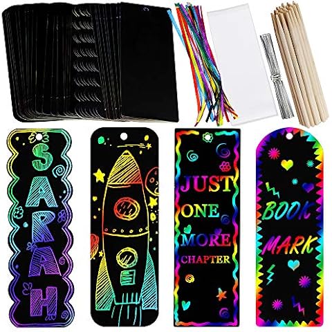 Supla 36 Sets 4 Style Magic Scratch Rainbow Bookmarks Making Kit for Kids Students Party Favor Scratch Paper DIY Bookmarks Bulk with Scratching Tools Satin Ribbons for Classroom Activities Cover