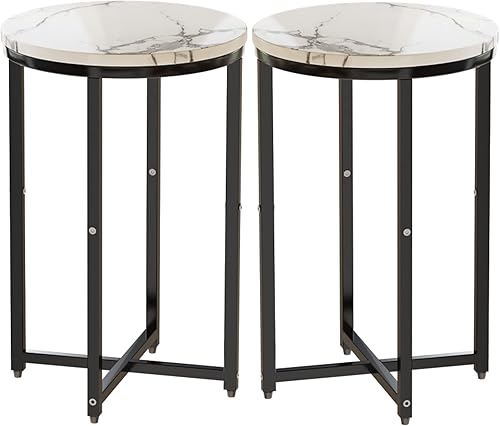 Lamerge Juego de 2 mesas auxiliares redondas de mármol sintético con marco de metal, mesa de centro pequeña, mesa decorativa moderna, decoración del