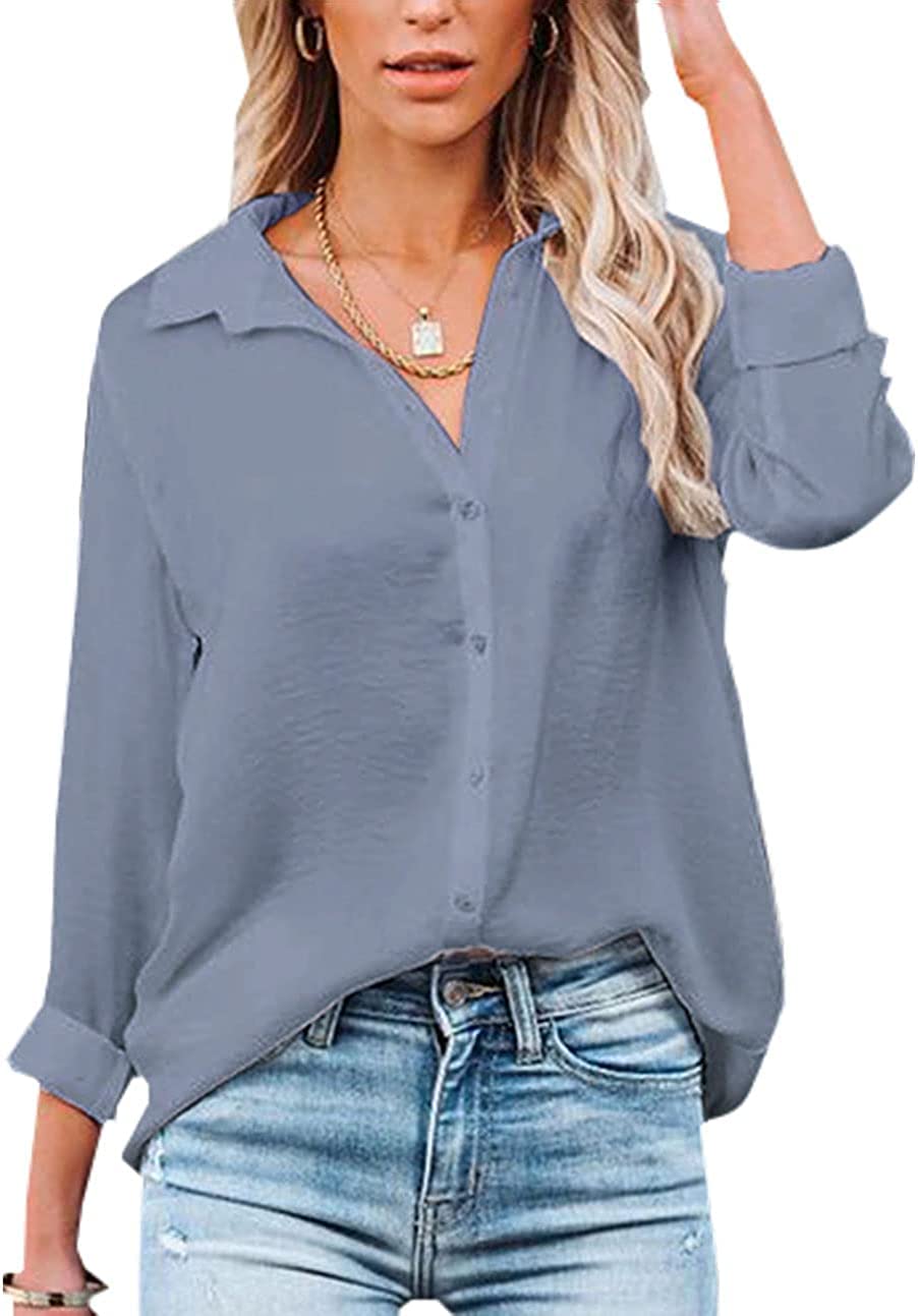 Damen Bluse Elegant V-Ausschnitt Hemd Langarm Arbeit Oberteile Casual Tunika Shirt Lose Langarmshirt Tops