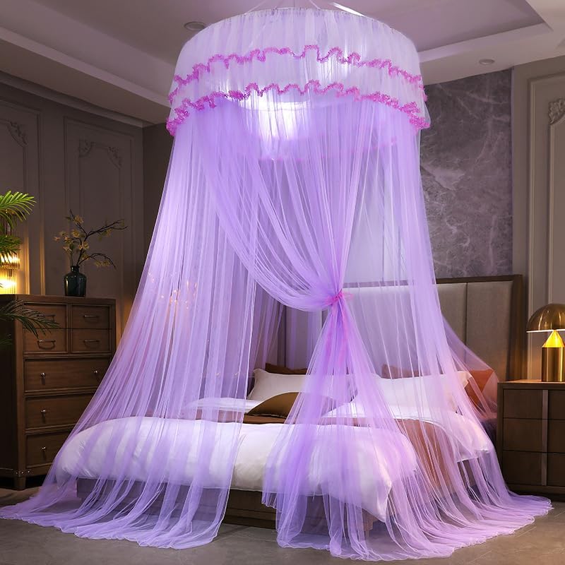 Decorative Bed Canopy for Girls & Adults - Luxury Round Mosquito Net with Double-Layer Drapes Elegant Bedroom Curtains for Queen Size Bed Decor(A,for 120x200cm Bed)