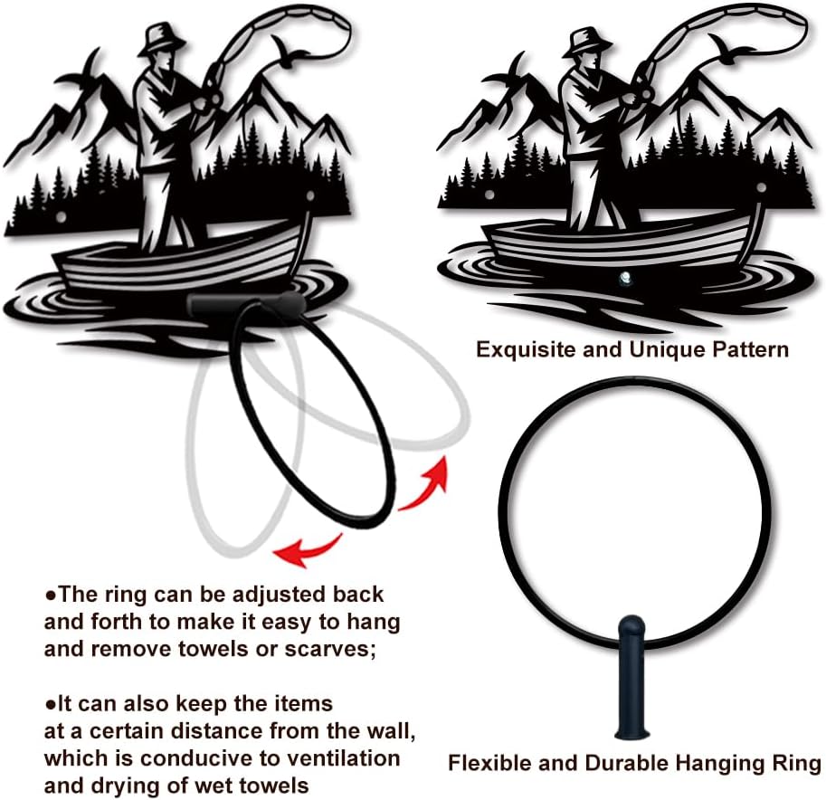 MAYJOYDIY Fisherman Metal Towel Ring Wild Nature Scenery Towel Holder Human Bath Towel Ring Black Art Towel Rack for Bathroom Kitchen Towel Hanger Home Decors Gift image 4