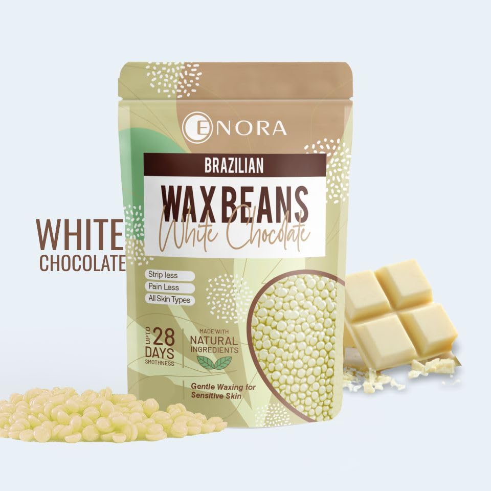 Image of ENORA Brazilian Stripless Wax Beans for Women (250g) | With Wooden Spatula | Natural | For Face, Chin, Hairline, Bikini Area & Full Body Hair Removal (250 Gram, White Chocolate)