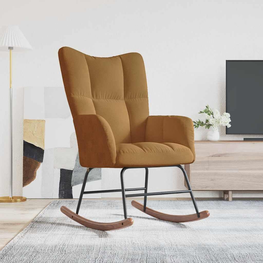 Schaukelstuhl Braun Samt, Moderner Relaxstuhl mit Polsterung und Holzkufen, Eleganter Wippstuhl mit Quadrat-Steppung, Bequemer Polstersessel für Wohnzimmer & Schlafzimmer