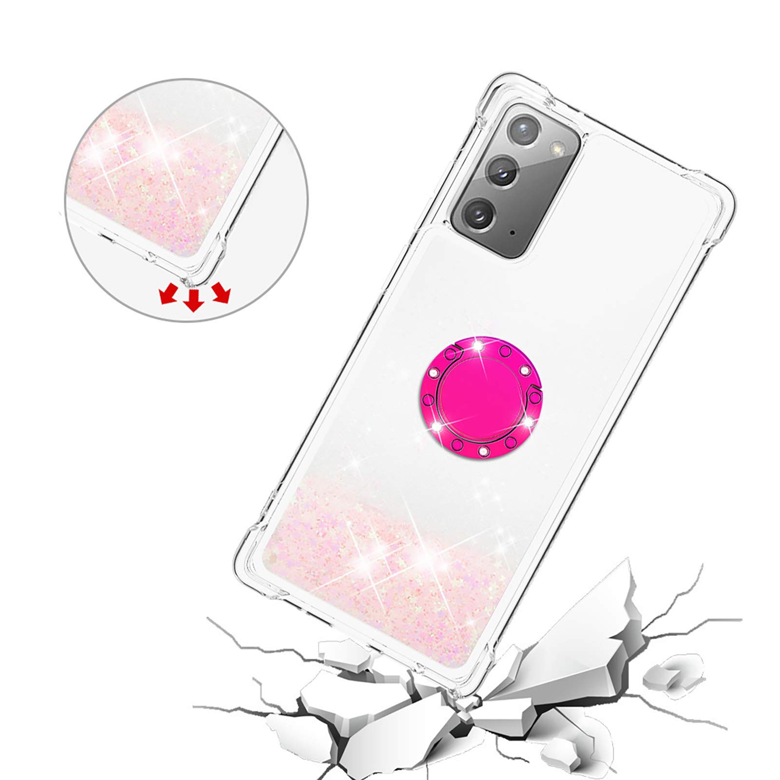 Transparent Liquid Case for Galaxy Note 20 with Ring Holder, Silicone Phone Case Glitter Floating Liquid Cover Slim Bumper Case Sparkly Back Case Resistant Hard Compatible with Samsung Galaxy Note 20