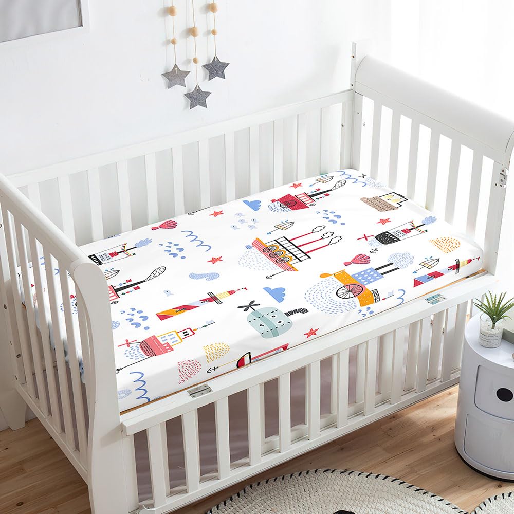 Odot Cot Bed Sheets, Cartoon Car Print Bedside Cribs Fitted Sheets, Baby Bed Sheets Microfiber Cot Bed Mattress Protector, Bassinet Sheets, Easy Care Soft and Dureable (65x95 cm,Boat)
