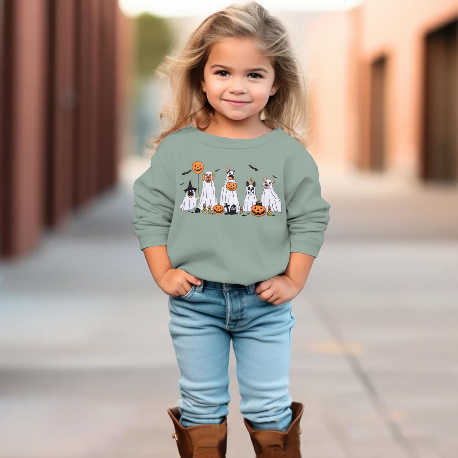 Toddler Halloween Ghost Dog Sweatshirt Girl Boy Doggy Pumpkin Pullover Spooky Season Crewneck Long Sleeve Shirt Tops - Image 2
