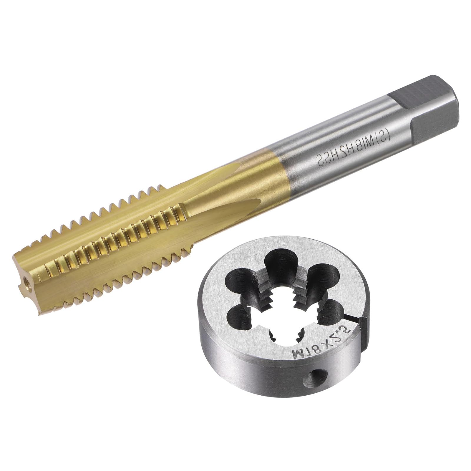 MACHSWON Tap and Die Set Metric M18x2.5,HSS (High Speed Steel) Titanium Plated Machine Straight Flute Thread Screw Tap,Alloy Steel Round Threading Die