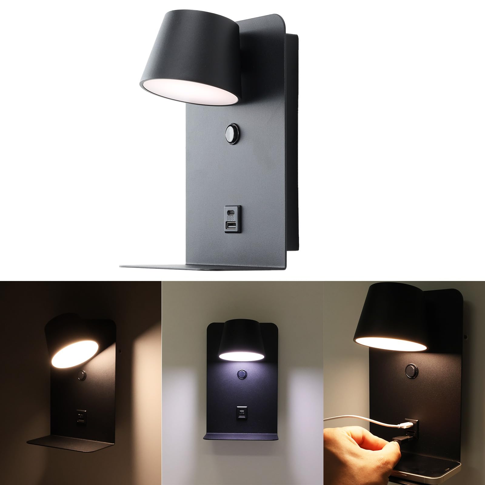 Alpinaluz Aplique LED Orientable 6W Negro con Tono de Color Ajustable (3000K/4000K/6000K), Interruptor, Puerto de Carga USB Tipo C y A, Soporte de Aluminio de 14cm para Cabeceros y Mesitas de Noche