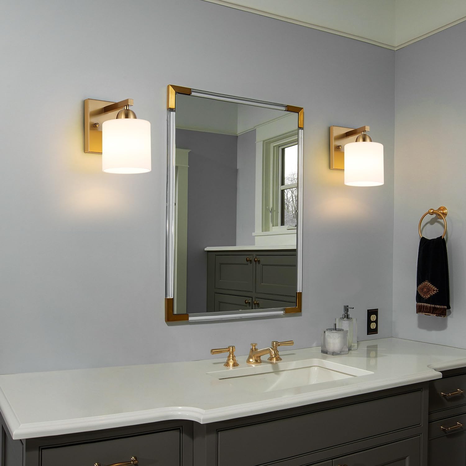 Milk Glass Bathroom Wall Sconces Set of Two, 1 Light Brushed Gold Light Fixtures with Frosted Glass, Modern Vanity Lighting Wall Mount