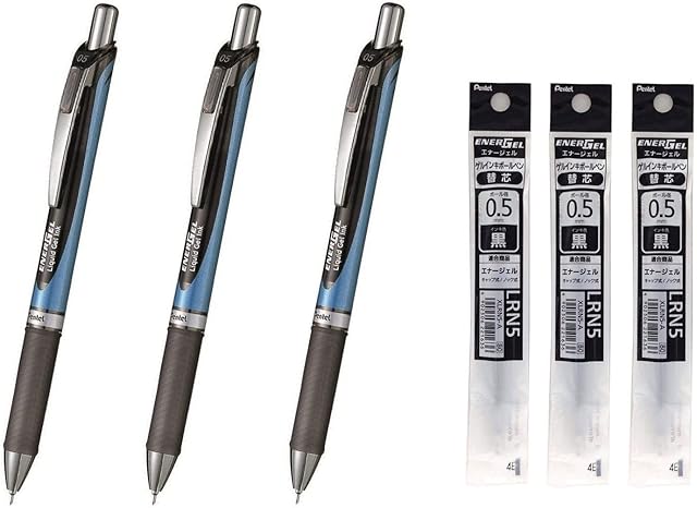 Pentel Energel Deluxe RTX Retractable Liquid Gel Pen - 0.5mm - Fine Line/Needle Tip/Black Ink - Blue Body Type - 3Pens BLN75-A & 3Pens Refills LRN5 Value Set