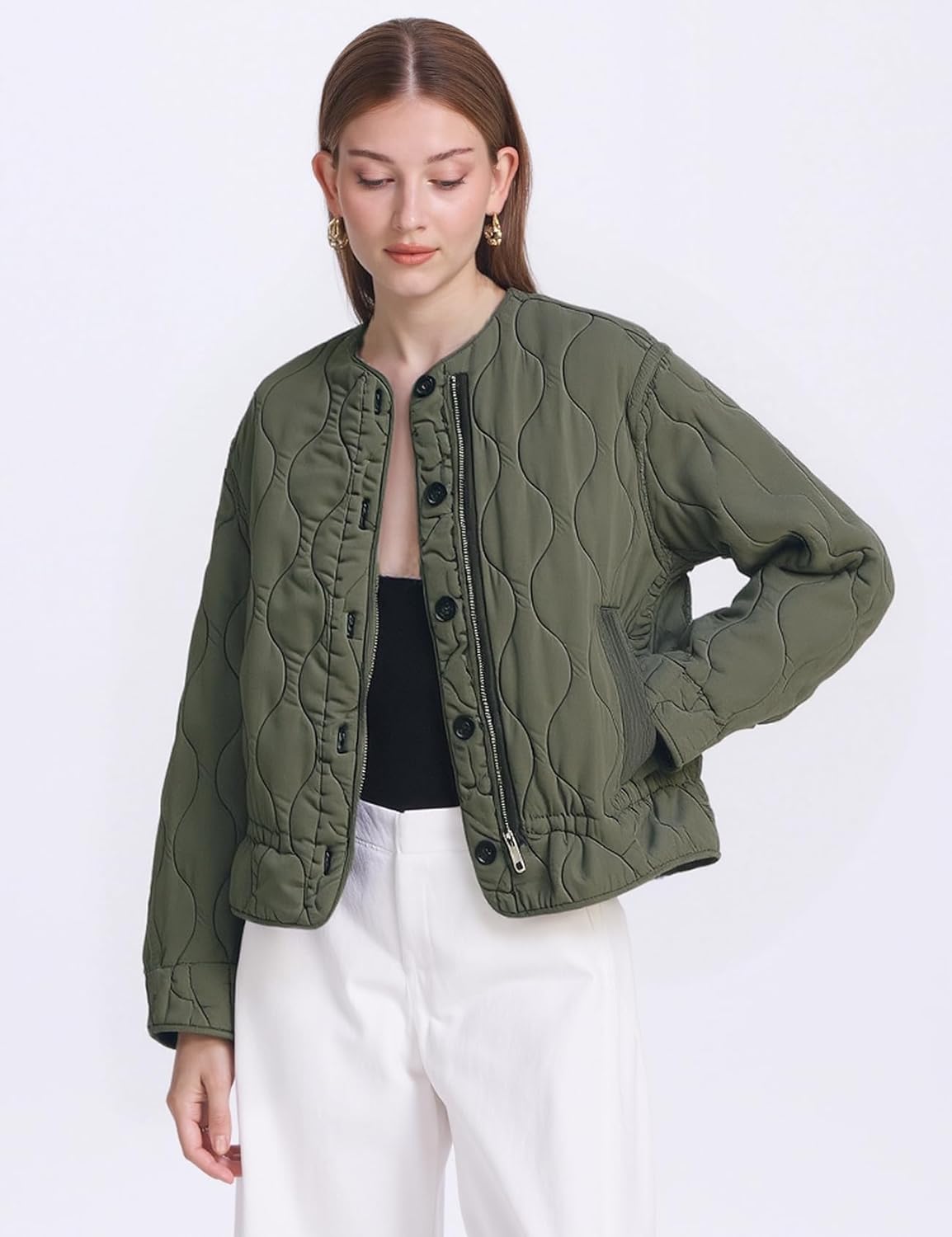 Flygo Women Lightweight Quilted Jackets Oversized Long Sleeve Zip Cropped Puffer Padded Coat Fall Winter Jacket - Image 5