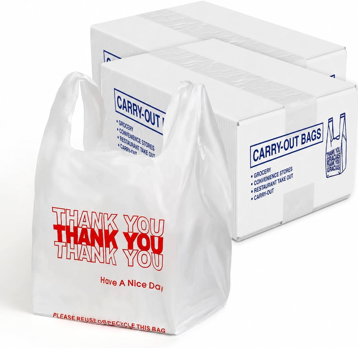 Heavy Duty HDPE White Plastic Thank You T-Shirt Bags, 11.5 x 6.5 x 22 Inch Grocery Carry-Out Bags for Retail, Restaurants & Convenience Stores, 1000 Count Box