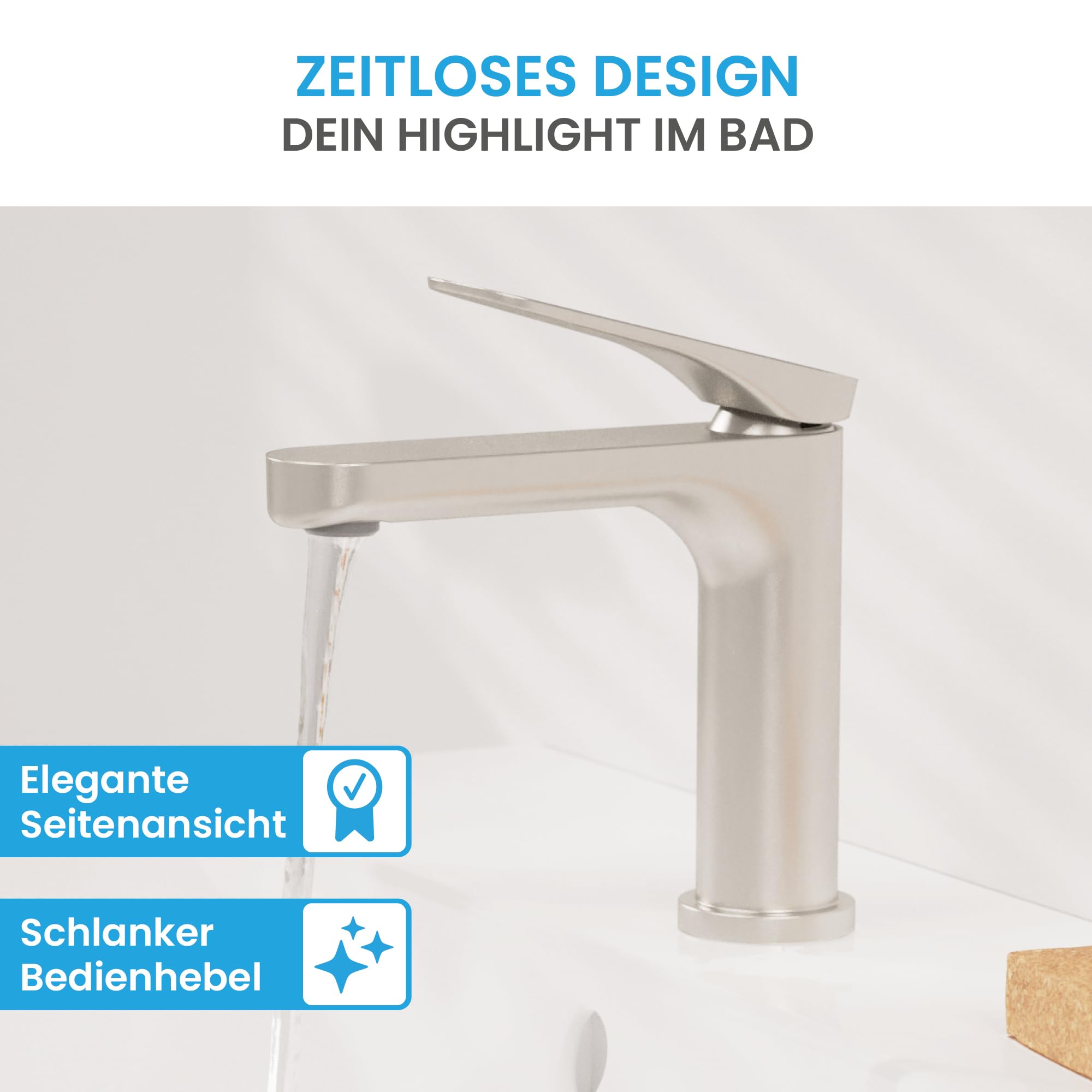 Bächlein Design Badarmatur Elowa Edelstahl gebürstet, Einhebelmischer mit langlebiger Keramikkartusche
