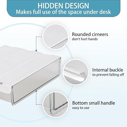 Miniatura 5 de Calculator - Paquete de 2 cajones de almacenamiento para debajo del escritorio, autoadhesivos, deslizantes, ocultos, organizadores, accesorios de