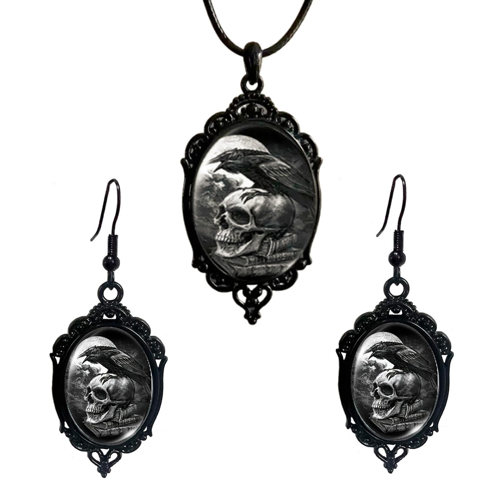 wsycooHalloween Jewelry for Women Gothic Cameo Earrings Necklace Set Gothic  Raven Bat Witch Earrings Vintage Bat Witch Vampire Necklace Punk Style