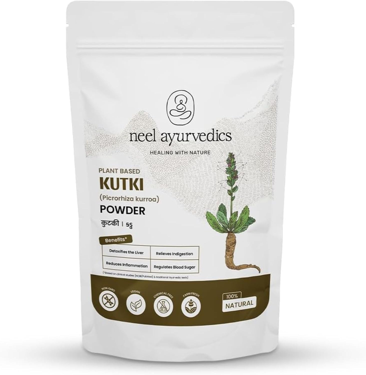 Kutki Pulver, Katuki Churna, Picrorhiza Kurroa, Kadu Pulver, Kräuter Pulver, Ayurvedisches Pulver, Bitterkraut, Verdauung, Leberunterstützung, Naturprodukt, Fein gemahlen - 100g