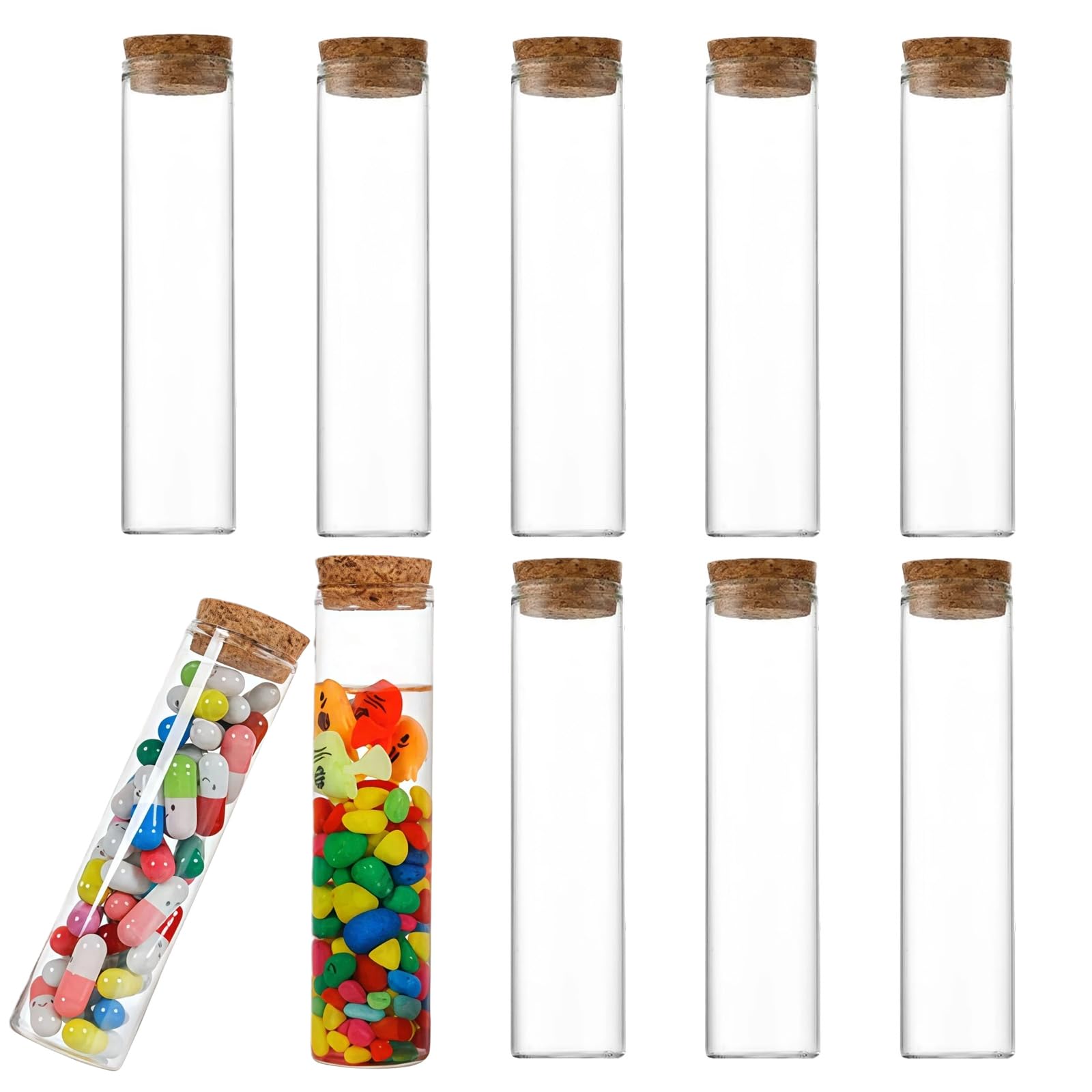 10Pcs 60ml/2oz Empty Clear Borosilicate Glass Test Tubes Reagent Bottle with Cork Stoppers Multipurpose Refillable Vial Jars Holder for Foods Cosmetic Candy Tea Powder Liquid Dispenser