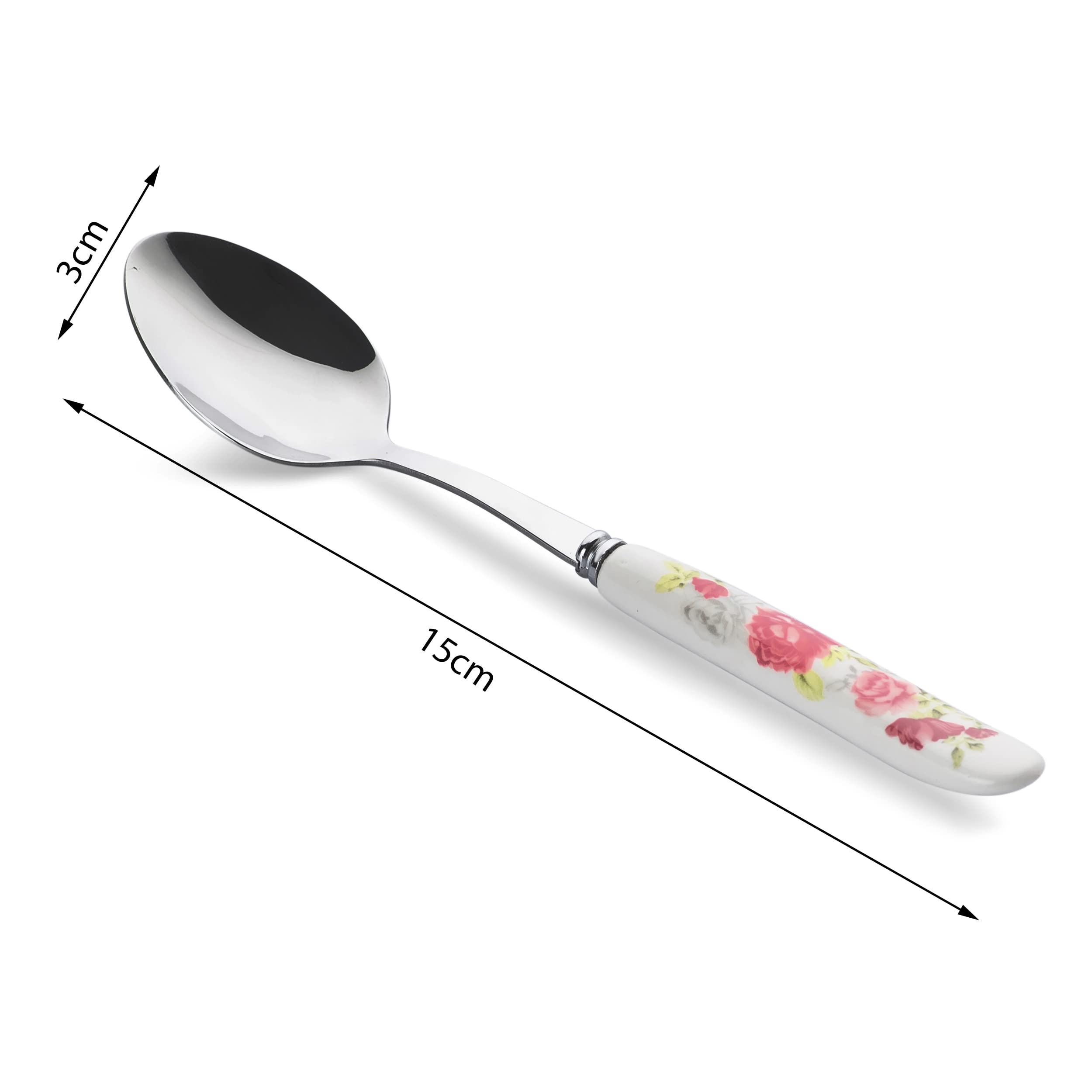 MGeezz Floral Stainless Steel Spoon Set For Home Kitchen & Restaurant Cutlery Dinner Table Bouillon Spoon With Ceramic Handle Tableware Spoon For Serving Salad Fruit Spoon (Small Spoon Set of 6),40 Mm 1