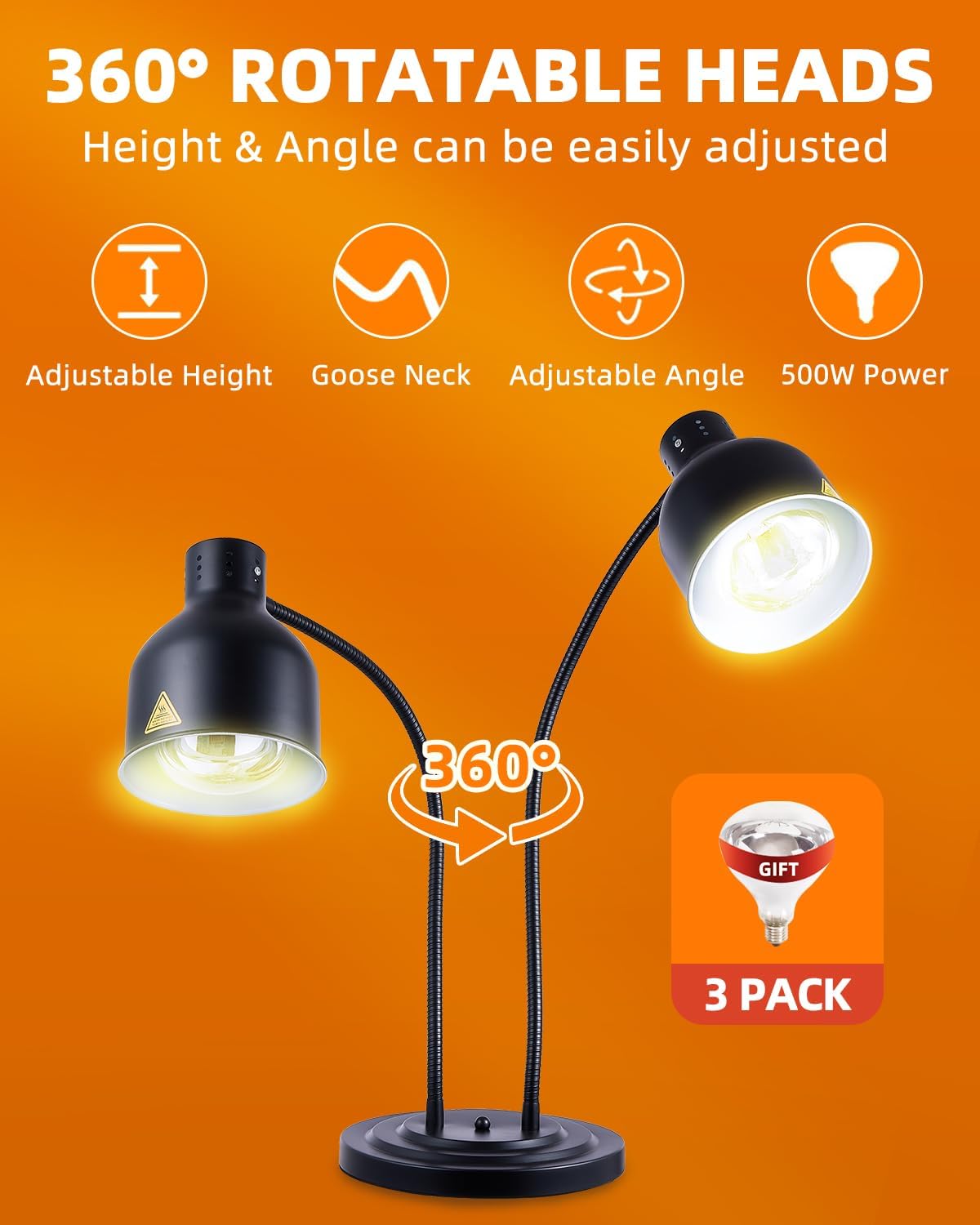 Food Heat Lamp: [Rapid-Heating Bulbs Included] [Steady Heating] Commercial Food Warmer Lamp, Electric Heat Lamp for Food Catering Food Warming Lamp for Buffet Parties (Painted Black, 32" (2-Head,N9